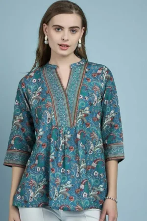 all about you Teal Blue Floral Printed Mandarin Collar Cotton Top