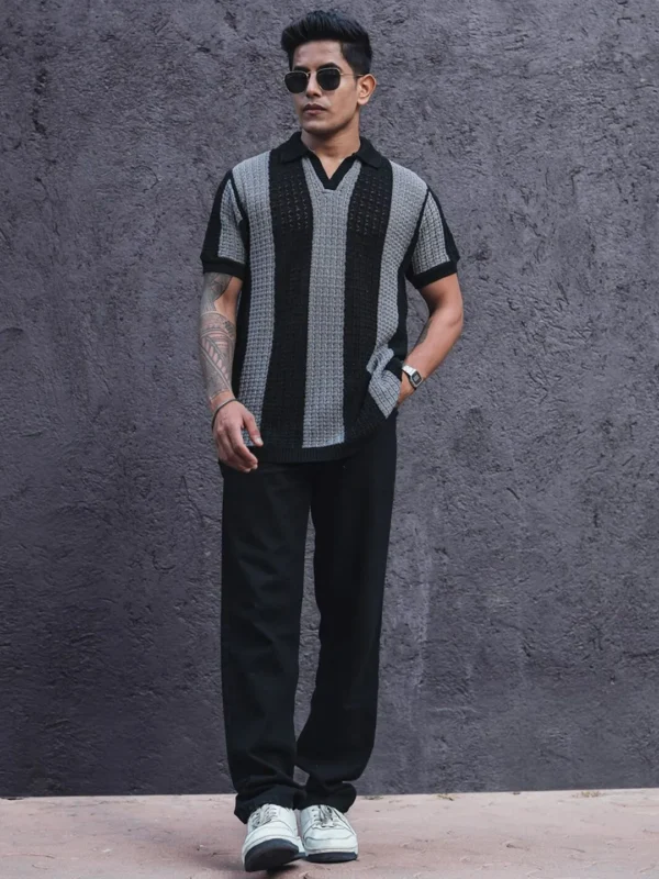 Powerlook Crochet Striped Reglular Half Sleeves T Shirt